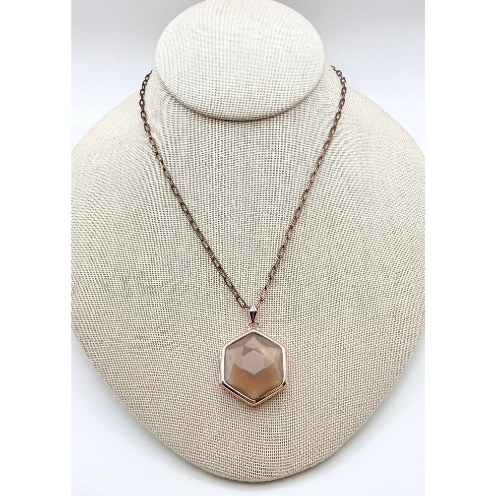 Stella & Dot Photo Locket Pendant Necklace Glass Hexagon Rose Gold Tone 30"